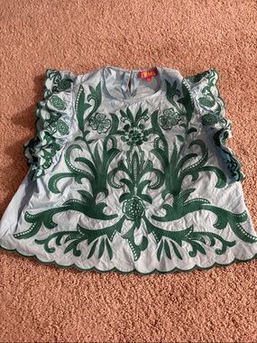 THML Light Blue Sleeveless Blouse with Green Embroidery